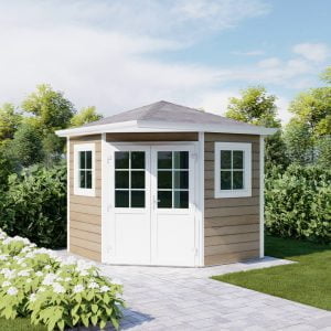 Vijfhoek tuinhuis Valencia dubbele deur half glas Vijfhoek tuinhuis Valencia dubbele deur half glas